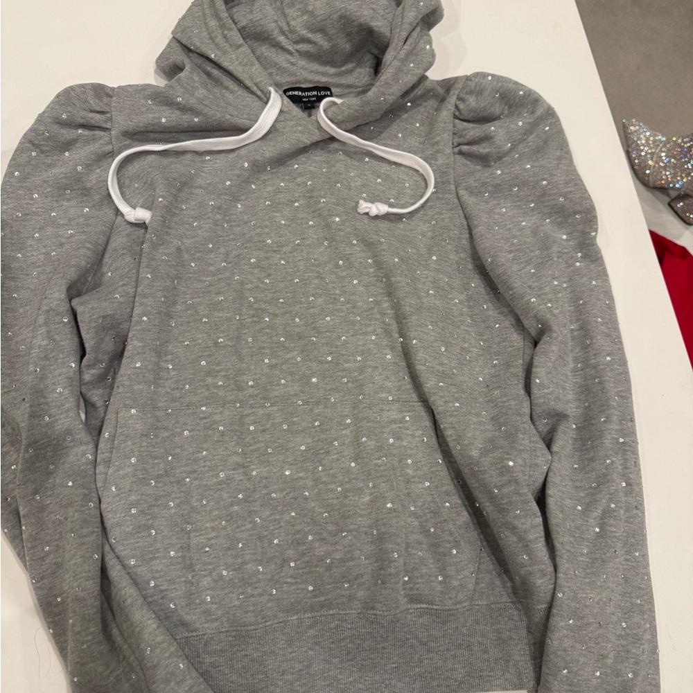 Generation Love Gray Hooded Sweatshirt with Puff Sleeves and Studs